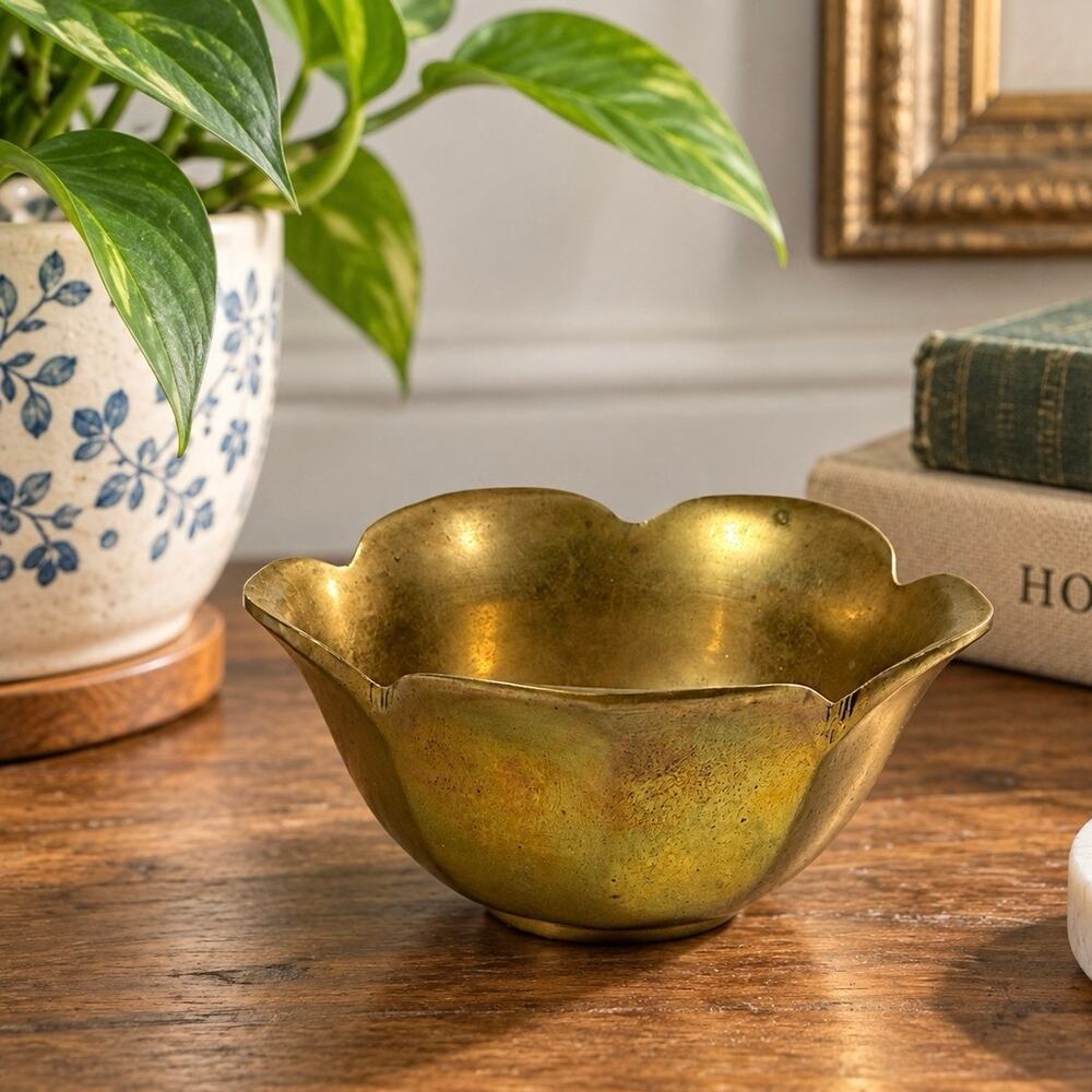Brass Lotus Flower Dish Aged Patina Cottagecore Chic Trinket Decor Baroque Dish